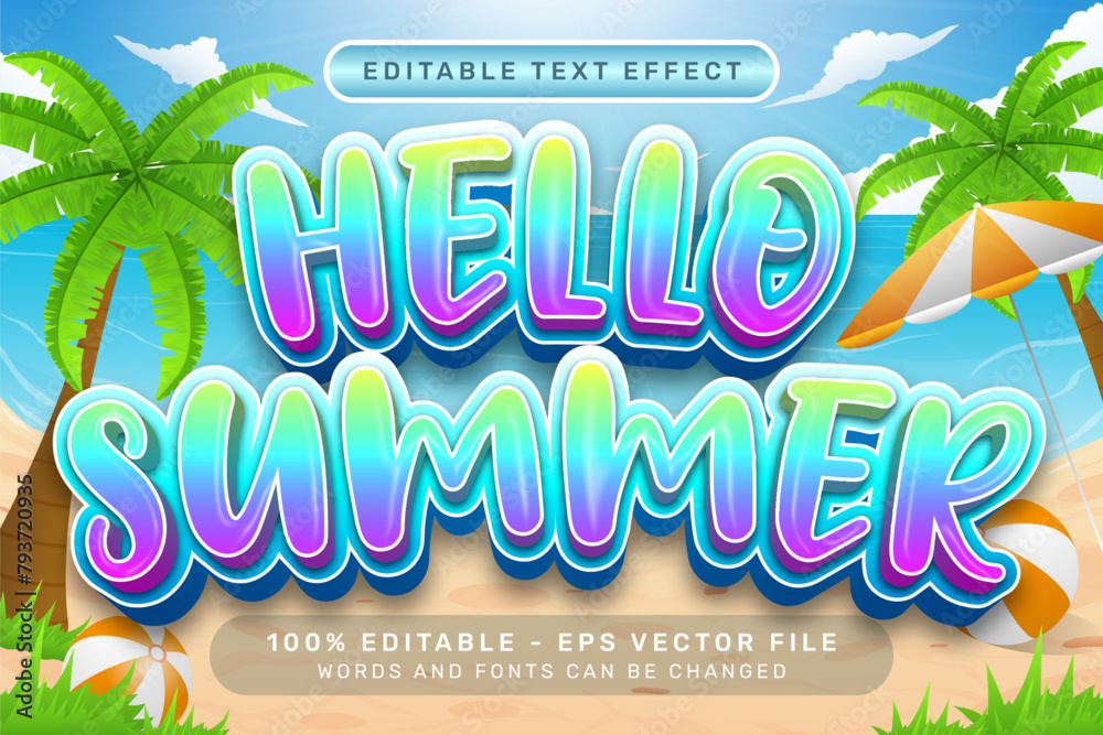 Poster hello summer 3d text effect and editable text effect with a beach background