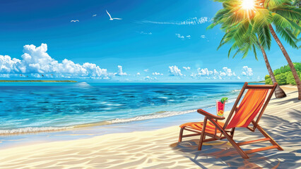 Serene Tropical Beach with Deck Chair and Palm Trees