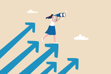 Searching for growth opportunity, vision to look and see future, challenge ahead or motivation to grow business concept, businesswoman on arrows look through binoculars to find business opportunity. - 793721123