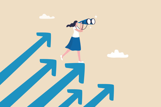 Searching for growth opportunity, vision to look and see future, challenge ahead or motivation to grow business concept, businesswoman on arrows look through binoculars to find business opportunity.