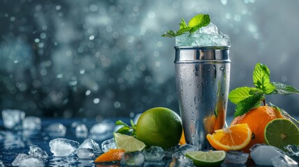 A silver cocktail shaker with a mint julep inside it. Next to it is a sliced orange and lime. - obrazy, fototapety, plakaty
