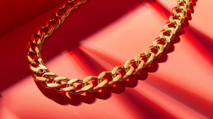 Obraz premium A luxurious 18k golden with stainless steel 316L cuban chain link necklace rests upon a background capturing the essence of wealth, style and elegance. Great as product design inspiration
