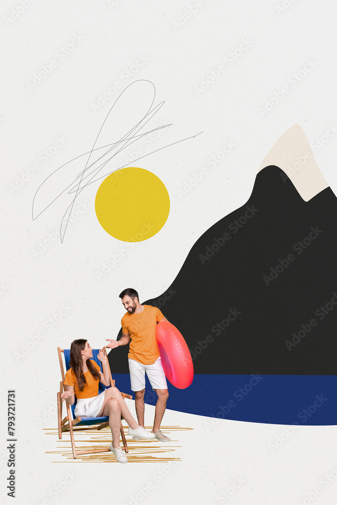 Sticker Vertical photo image picture young couple happy positive mood wild nature vacation weekend mountain lake sea sun drawing background