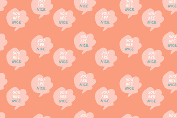 Background of speech bubbles with compliment phrases, self love quotes with star, seamless pattern. Vector illustration can use for textile, fabric design, posters.