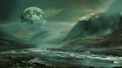 The river with the moon. bizarre landscape conceptual - obrazy, fototapety, plakaty
