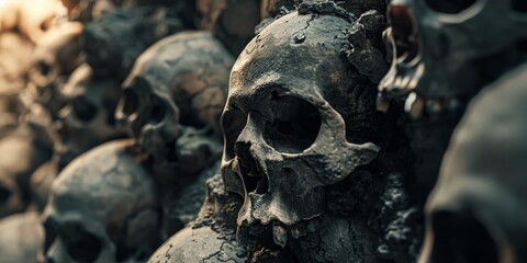 Skulls are piled on top of each other in a graveyard