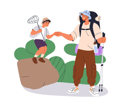 Father and son in hiking adventure. Dad and kid trekking in nature, active outdoor activity together. Happy family hikers spending time in summer. Flat vector illustration isolated on white background