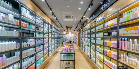 A bustling Korean beauty store, the shelves are lined with rows of brightly printed packaging filled with innovative skincare and cosmetics.