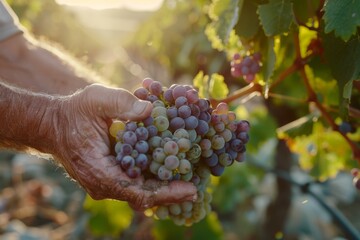 Close-up of an elderly farmer's hands gently holding ripe grapes, with sunlit vineyard in the...