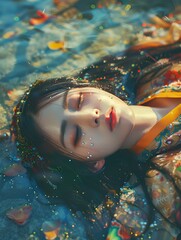 an attractive korean princess lying on the ground of a beautiful ancient temple. digital art style, illustration. generative AI
