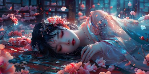 an attractive korean princess lying on the ground of a beautiful ancient temple. digital art style, illustration. generative AI