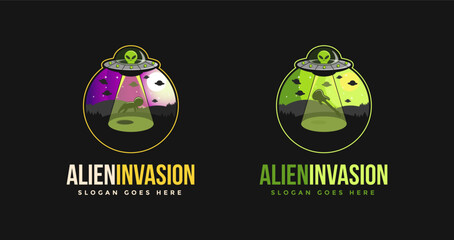 UFO spaceship, Alien invasion emblem logo icon vector illustration on black background © DOMHOUZE