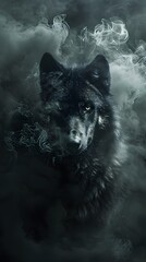 a black wolf on a misty background