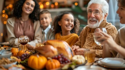 A family is gathered around a table with a large turkey and a variety of fruits