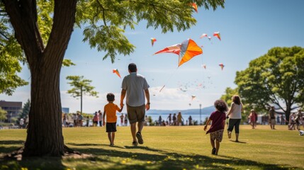 Man and two children joyfully fly kites in a picturesque park setting