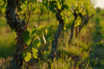 Close-up of a mature grapevine with vibrant green leaves, bathed in the warm evening sunlight in a...