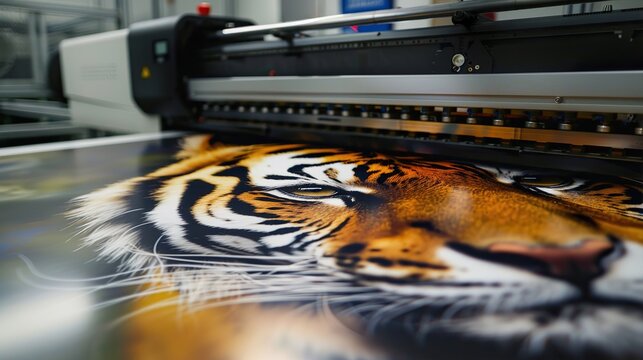 A large printer prints a close up photo of a tiger's face onto a flexible material.


