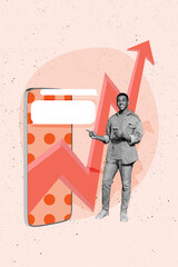 Obraz premium Vertical creative photo collage standing young man smartphone screen dynamic arrow textbox increase social media dialog conversation