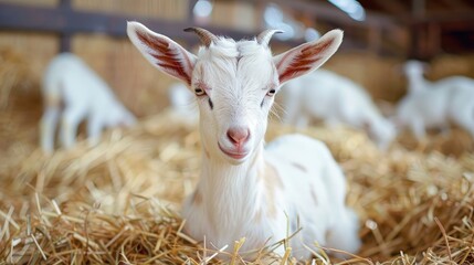 Saanen breed young goat with minor horns on a farm in the hay among livestock