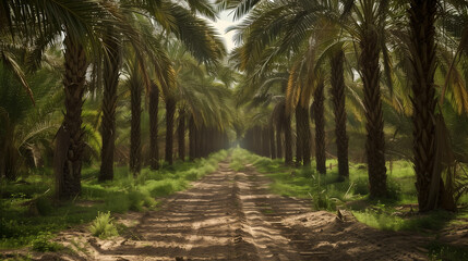Rows of palm trees in a Saudi Arabian plantation. - obrazy, fototapety, plakaty