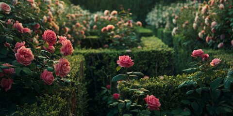 Naklejka premium A garden with many pink flowers and bushes
