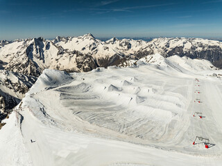 Aerial drone view of  French Alps Mountains glacier near Grenoble. Europe alps in winter. Les deux...