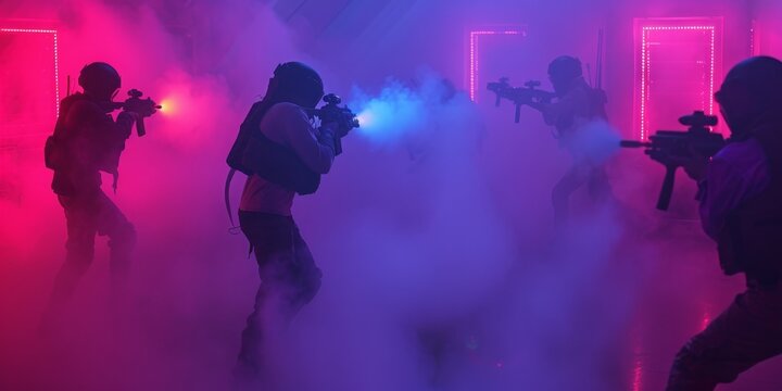 A group of soldiers are in a smoke filled room, with one of them holding a gun. laser tag arena scene