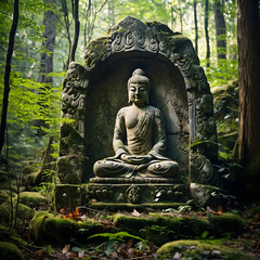 Ancient stone Buddha carving in serene forest glade, hidden treasure