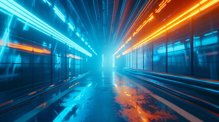 The streets in a fantasy city with blue and orange lights