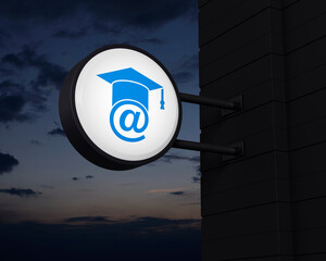 E-learning icon on hanging black rounded signboard over sunset sky, Business study online concept, 3D rendering