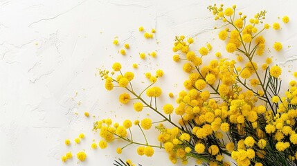 Top down view of a stunning border design featuring delicate mimosa spring flowers on a white background The arrangement showcases a vibrant bouquet of fresh yellow mimosa blooms perfect fo
