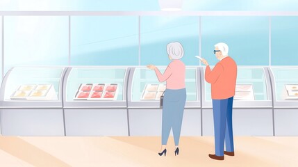 Elderly couple choosing frozen meals in a supermarket freezer section, wide variety of products, convenient shopping