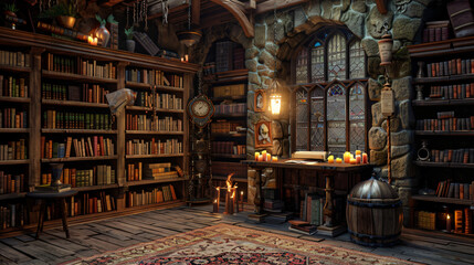 The wizards room with library old books potion - obrazy, fototapety, plakaty