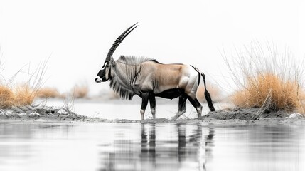 Striking black and white image of a large antelope with dramatic horns, an oryx gemsbok, captured walking through water in the Desert of South Africa.