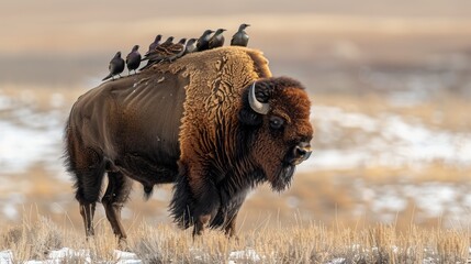 Starlings line up on the back of a bison in the Mountain  National Wildlife Refuge 