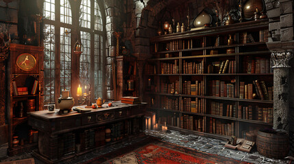 The wizards room with library old books potion - obrazy, fototapety, plakaty