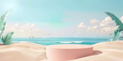 Fototapeta na wymiar 3D Rendering of Beach scene display podium with sand and summer beach, scene design background.