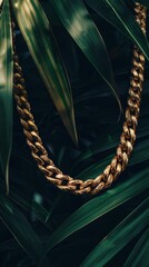 A luxurious 18k golden with stainless steel 316L cuban chain link necklace rests upon a background capturing the essence of wealth, style and elegance. Great as product design inspiration