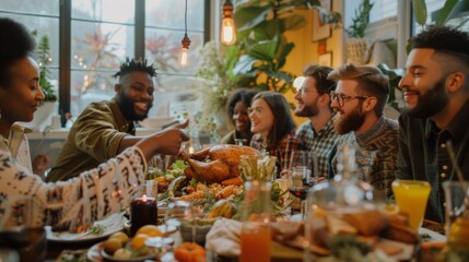 A group of people are gathered around a table with a large turkey