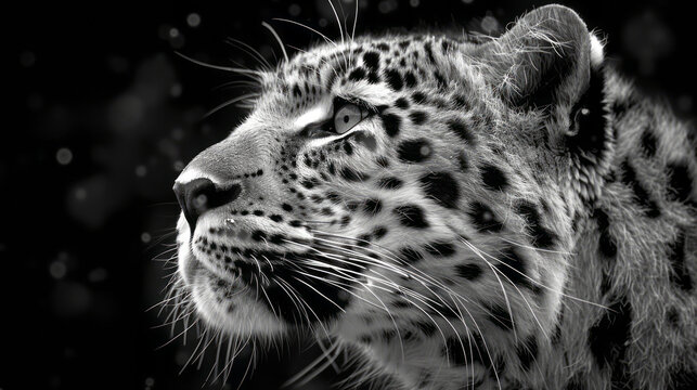 Striking black and white furred Amur leopard in its natural habitat with piercing golden eyes