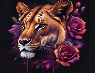Kopf einer Löwin im Profil mit Rosen Halsband - obrazy, fototapety, plakaty