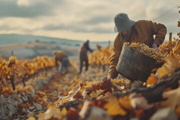 Seasonal workers collect ripe grapes in a picturesque vineyard during autumn. Warm colors and teamwork emphasize agricultural productivity and natural beauty. - Powered by Adobe