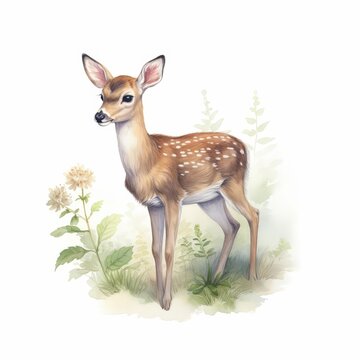 A watercolor painting of a baby deer standing in a field of flowers.