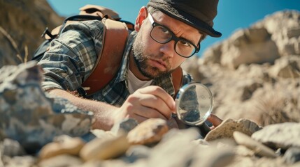 Paleoanthropologist at an archaeological site, inquisitive, examining fossils, discovery and exploration, styled as a clean, uncluttered portrait.