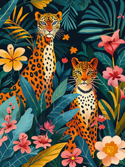 A leopard and a bobcat in the jungle surrounded by flowers, in the style of bold patterns and shapes