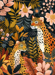 A leopard and a bobcat in the jungle surrounded by flowers