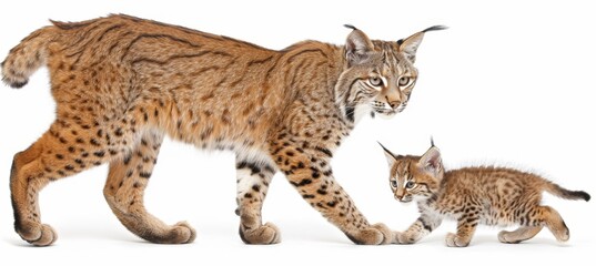 Portrait of a bobcat and its kitten with a spacious area on the left side ideal for adding text