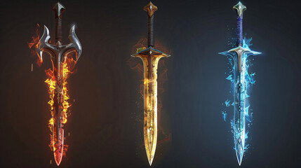 Three magical fantasy swords of the elements