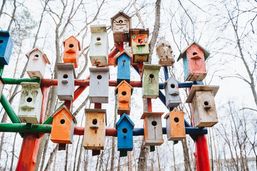 Colorful bird houses adorn a pole in the sky, creating a beautiful art display