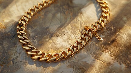 A luxurious 18k golden with stainless steel 316L cuban chain link necklace rests upon a background capturing the essence of wealth, style and elegance. Great as product design inspiration